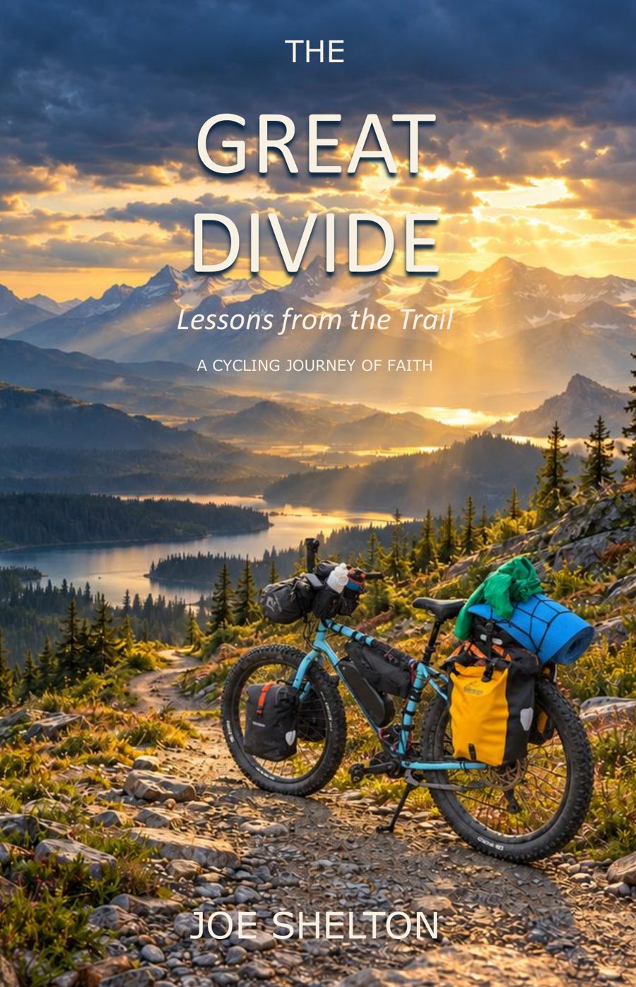 Cover of The Great Divide: Lessons from the Trail by Joe Shelton, a loaded e-bike on a mountain trail at sunrise